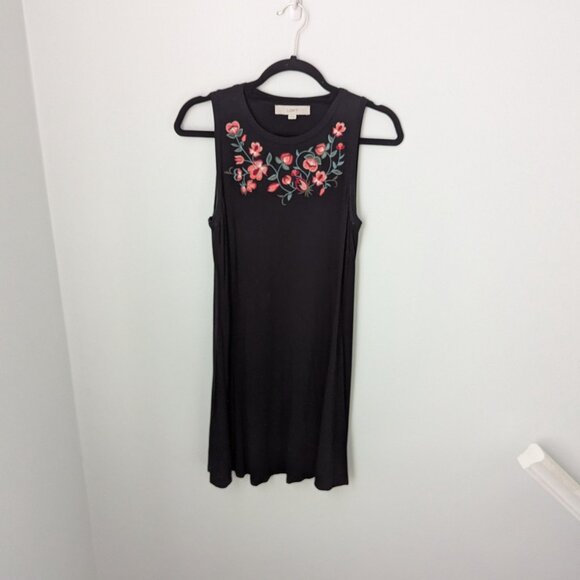 Loft Women's Black with Embroidered Floral Sleeveless Dress, XS - Picture 2 of 4